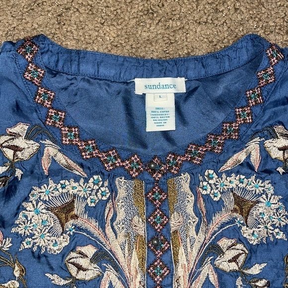 Sundance 100% Cupro Silk Floral Beaded Embroidered Tunic Blouse Blue Large - Picture 3 of 9